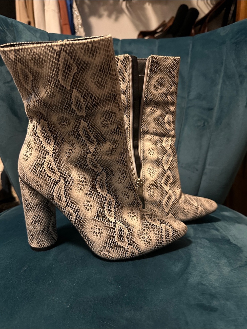 Fashion Nova Snake-Print Ankle Boots in Gray and Black